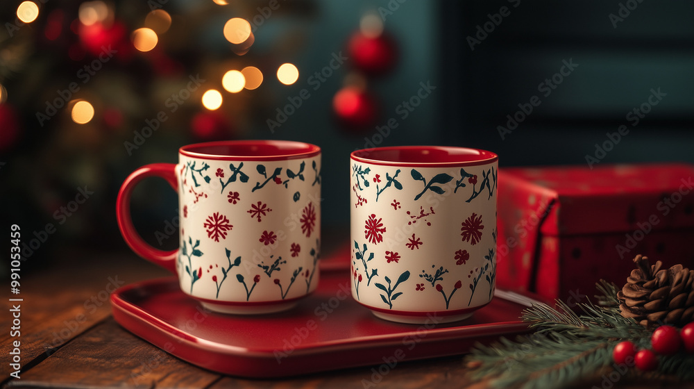 Fototapeta premium Cozy Christmas Morning: Two festive mugs, adorned with delicate floral patterns, sit nestled on a rustic wooden tray, ready to warm hearts and hands on a crisp winter morning.