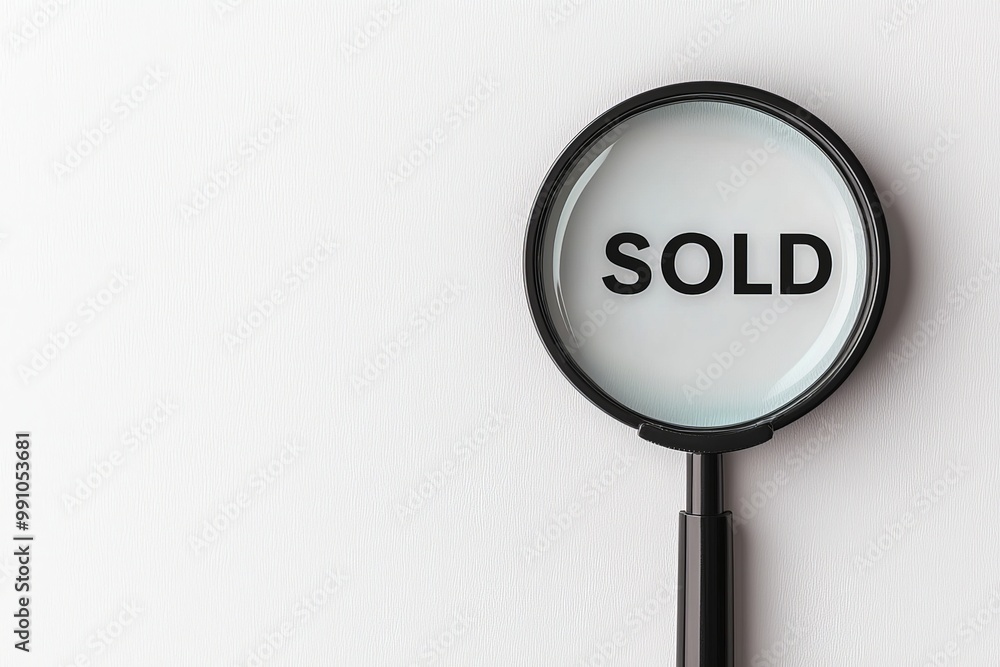 Closeup Black Magnifying Glass with 'SOLD' Reflection on White Surface - Minimalist Completion Concept Closeup Black Magnifying Glass with 'SOLD' Reflection on White Surface - Minimalist Completion Concept
