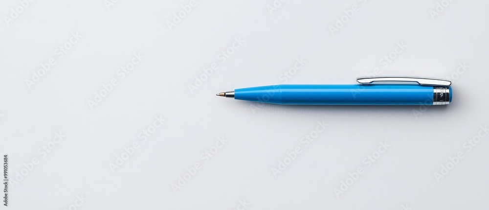 Fototapeta premium Closeup Blue Ballpoint Pen on White Background - Minimalist Writing Tool for Creative Communication Stationery Concept