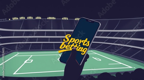 Gold inscription sports betting on a smartphone on the background of the stadium bets sports betting bookmaker mixed media sports Illustration photo