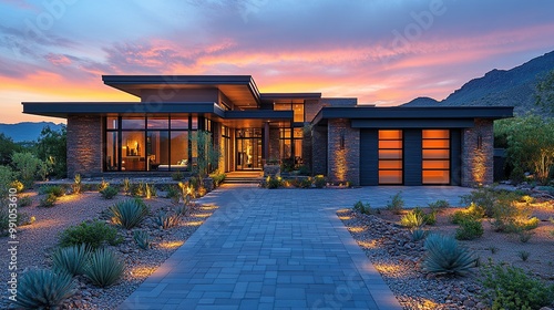 Upscale Arizona home at dusk, LED lights illuminate the driveway.
