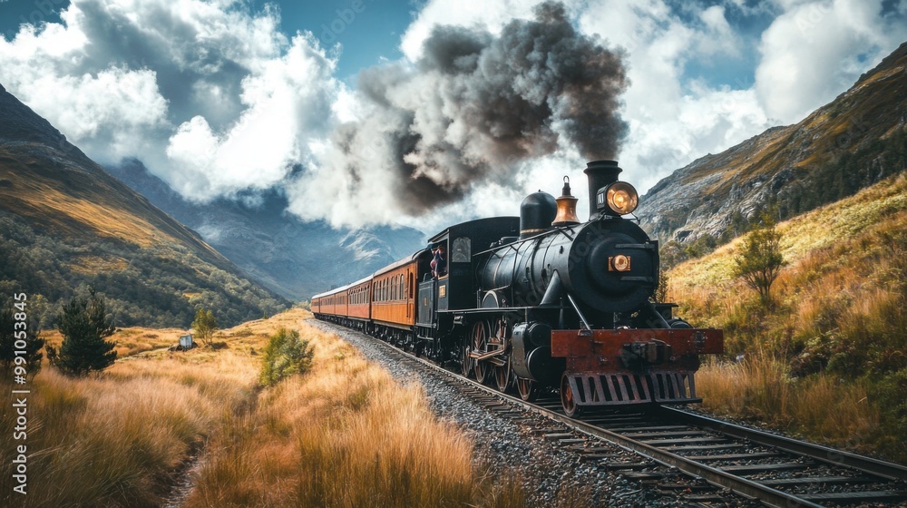 Fototapeta premium A vintage steam locomotive chugging along the tracks surrounded by scenic mountains, evoking nostalgia for the golden age of rail travel.