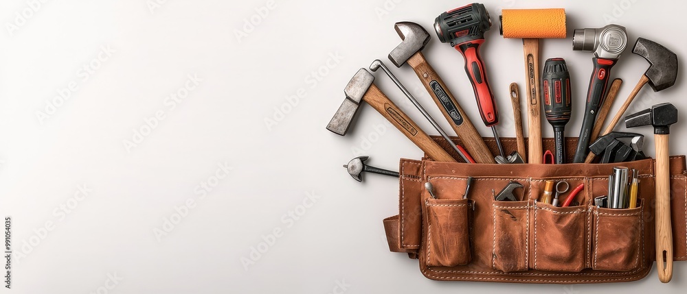 custom made wallpaper toronto digitalCraftsman's Essential Closeup of Leather Tool Belt with Assorted Tools on White, Craftsmanship Concept for DIY Projects