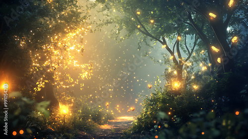 background with an enchanted forest, showcasing fairies, mythical creatures, and magical trees with glowing lights photo