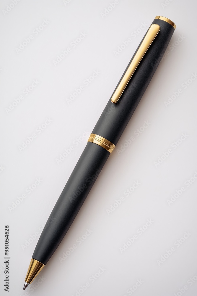 Elegant Black and Gold Metal Pen on White Background, Minimalist Luxury Stationery Concept