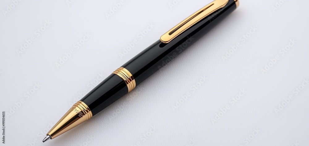 Elegant Black and Gold Pen Close-Up on White Surface - Luxury Stationery Concept Elegant Black and Gold Pen Close-Up on White Surface - Luxury Stationery Concept