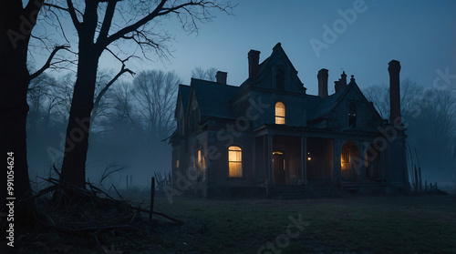 A beautiful vampiress emerging from misty ruins at dusk