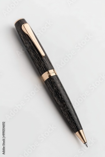 Elegant Black and Gold Luxury Pen on White Surface, Mont Blanc Brand, Minimalist Design for High-End Stationery Products Advertising and Promotions