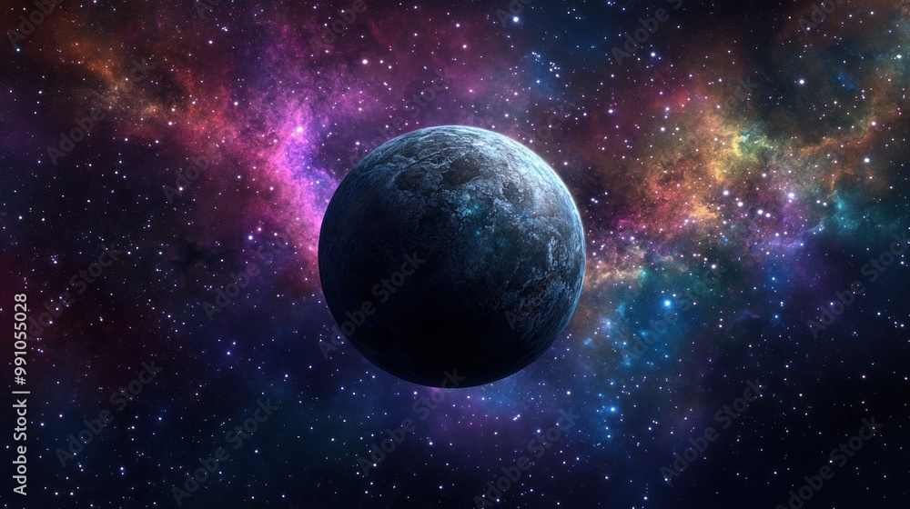 Obraz premium A single planet in a vast expanse of space with colorful nebulas and twinkling stars.
