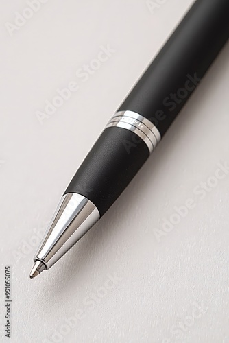 Elegant Black Pen Macro View on White Surface - Minimalist Professional Writing Tool Concept