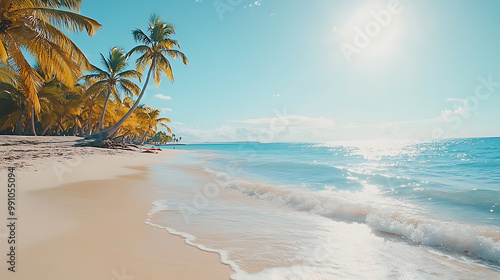 Wallpaper Mural Sunny beach scene with golden sand, clear blue water, and palm trees swaying in the breeze Torontodigital.ca