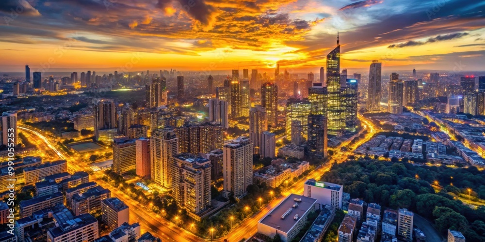 Captivating aerial view of an illuminated cityscape at dusk with golden sunset hues , cityscape, aerial view Captivating aerial view of an illuminated cityscape at dusk with golden sunset hues , cityscape, aerial view