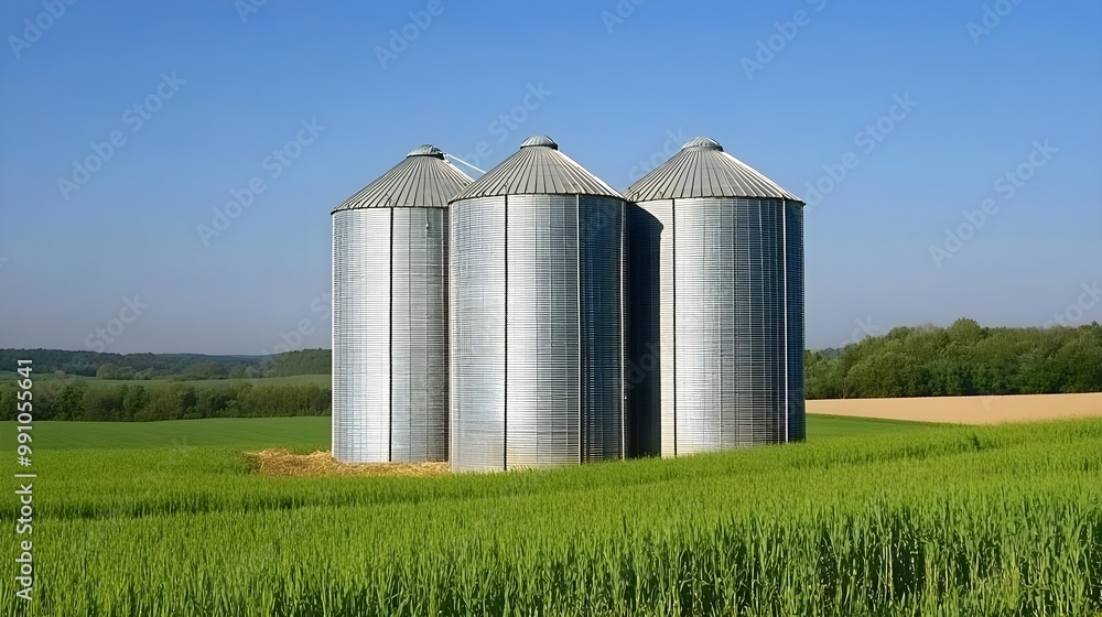 Three silos in a green field under a clear blue sky. Three silos in a green field under a clear blue sky.