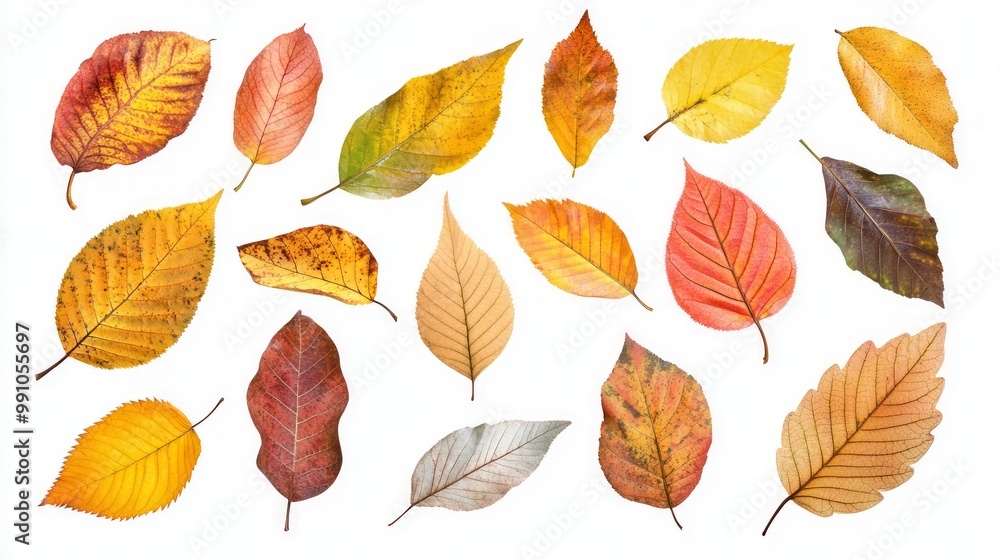 Obraz premium Isolated leaves. Collection of multicolored fallen autumn leaves isolated on white background