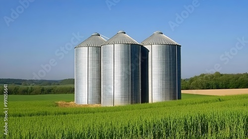 Three silos in a green field under a clear blue sky.