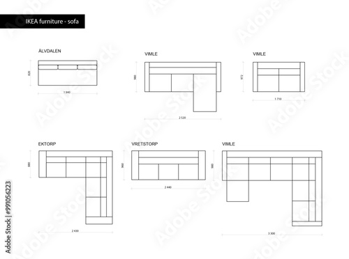 Top view IKEA sofa set for architectural plans and interior design layouts
