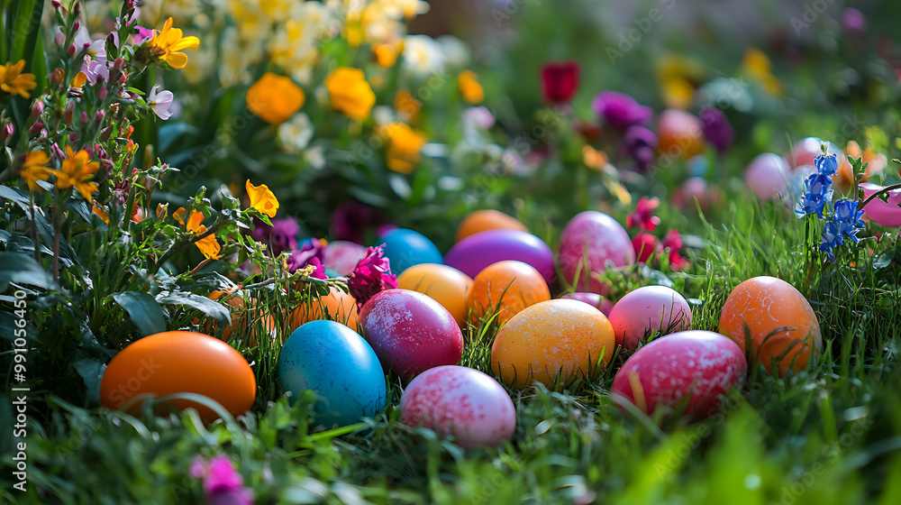 Colourful Easter eggs hidden in a garden with blooming flowers and green grass Colourful Easter eggs hidden in a garden with blooming flowers and green grass