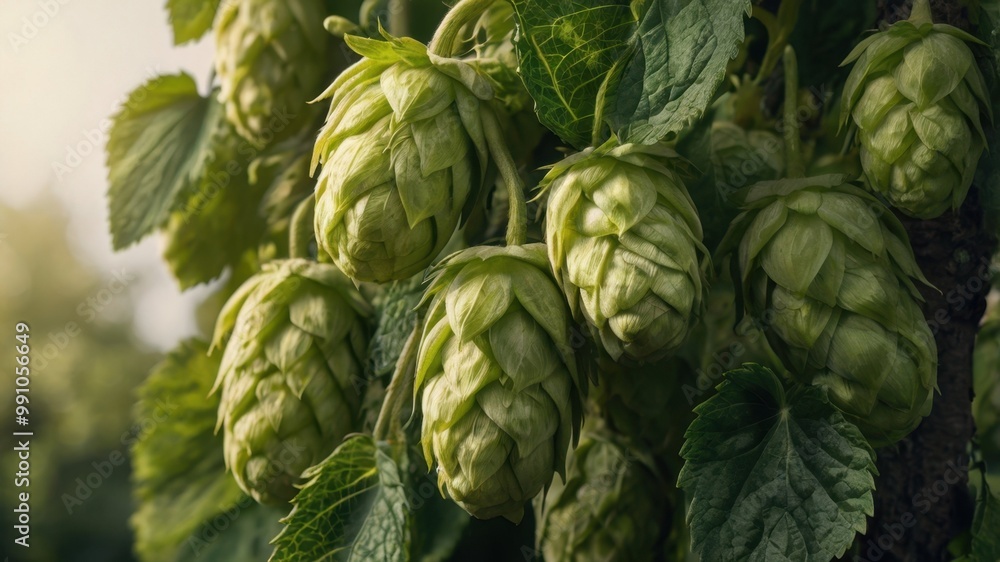 Fototapeta premium A bunch of hops is growing on a tree branch, flourishing beautifully