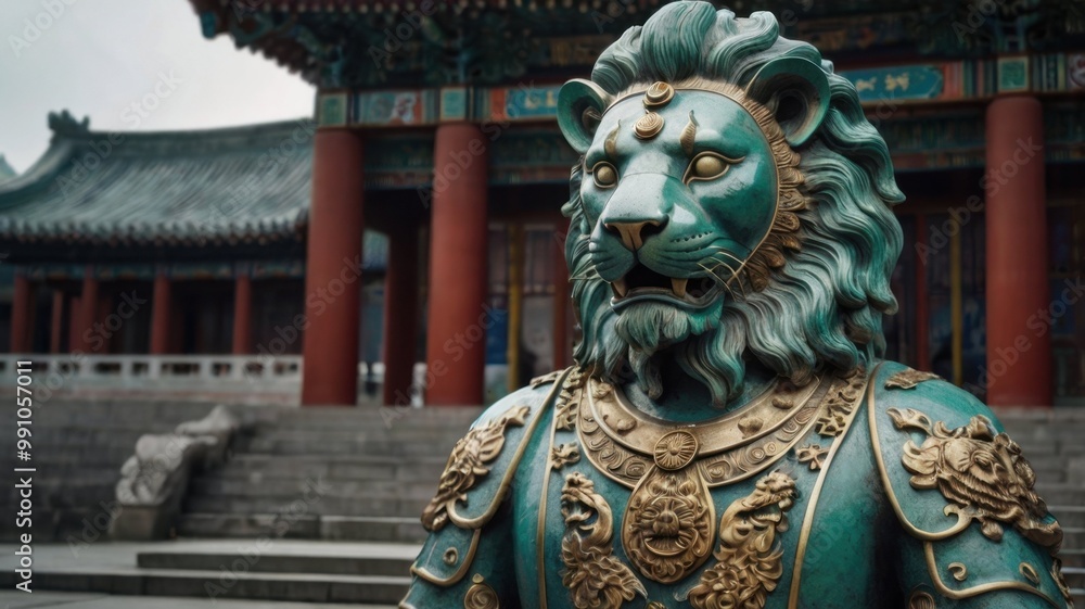 A fierce armored lion statue stands proudly before a grand building A fierce armored lion statue stands proudly before a grand building
