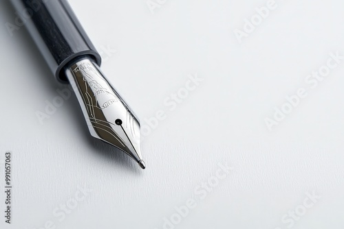 Wallpaper Mural Elegant Silver Fountain Pen Nib Close-Up on White Surface - Minimalist Precision and Detail for Writing Concepts Torontodigital.ca