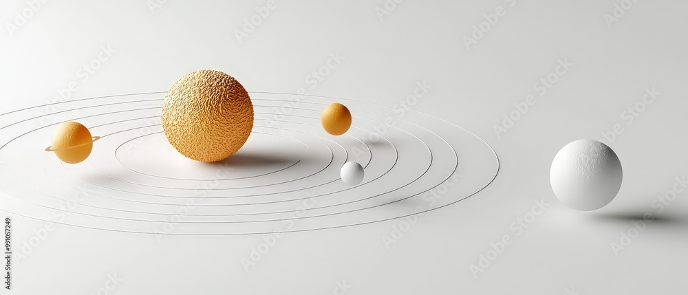 Elegant Solar System Sphere with Gold Ring on White Background, Minimalist Geometric Art with Serene Atmosphere, Modern Abstract Conceptual Design