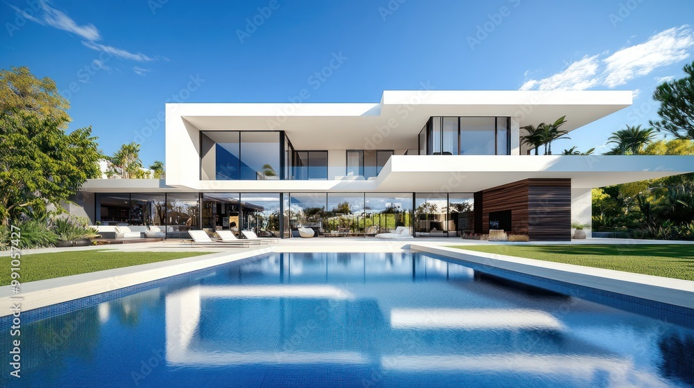 Fototapeta premium Modern villa with a pool, surrounded by greenery and a clear blue sky.