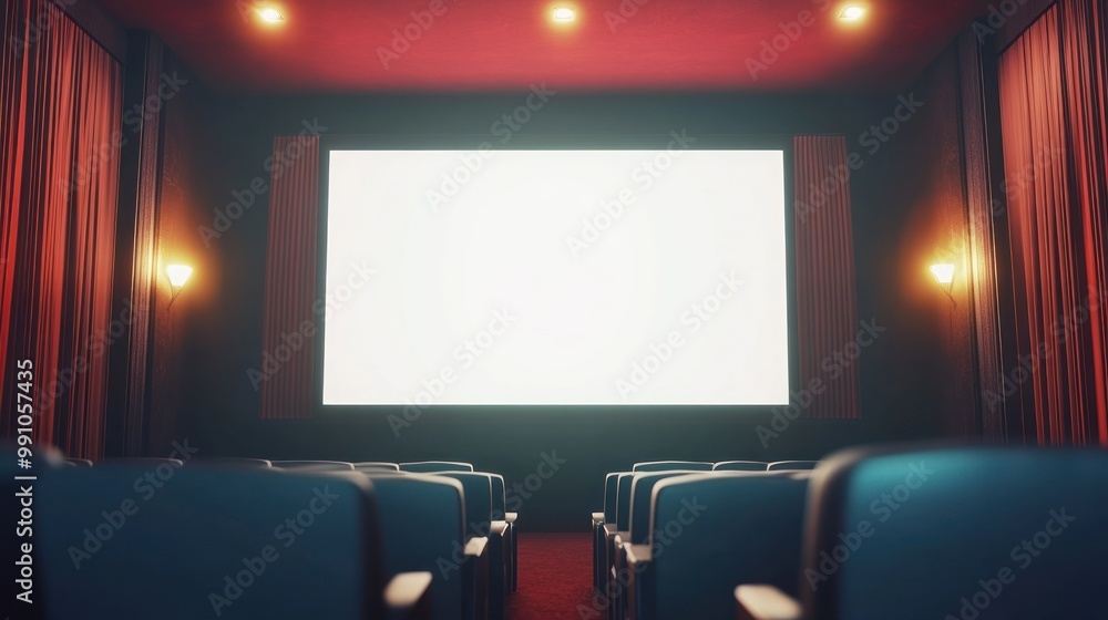 Empty movie theater with red curtains and blank screen. Empty movie theater with red curtains and blank screen.