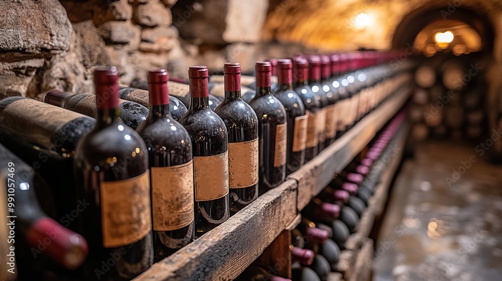 Wine bottles stored in a cellar. Wine bottles stored in a cellar.
