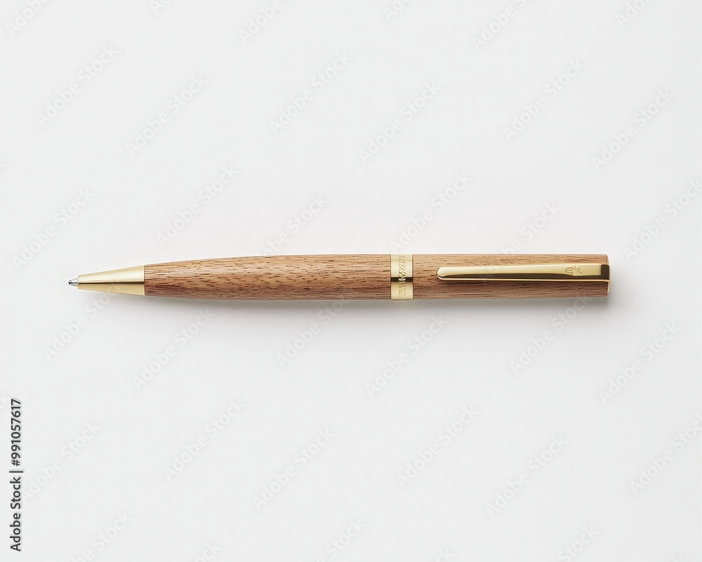 Elegant Wooden Pen with Gold Accents on Minimalist White Background - Luxurious Writing Instrument Concept for Advertising and Editorial Use Elegant Wooden Pen with Gold Accents on Minimalist White Background - Luxurious Writing Instrument Concept for Advertising and Editorial Use