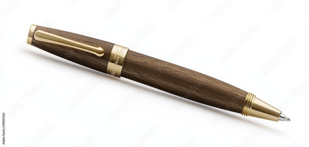 Elegant Wooden Pen with Gold Accents on White - Detailed Macro View for Luxury Stationery Concepts Elegant Wooden Pen with Gold Accents on White - Detailed Macro View for Luxury Stationery Concepts