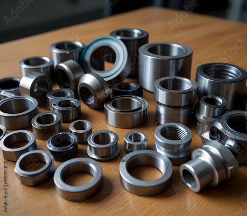 svarious industrial metal parts e.g. bearing ball connector joint ring gasket internal external retaining etc. on table ai gegerate