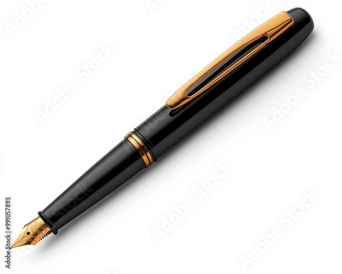 Exquisite Black Fountain Pen with Gold Accents on Clean White Background - Elegant Writing Instrument for Luxury Stationery, Corporate Gifts, and Business Concepts