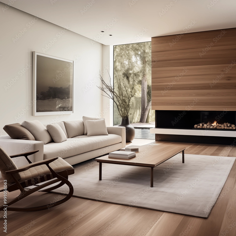 Fototapeta premium Modern Living Room Interior Design with Fireplace Sofa and Rocking Chair