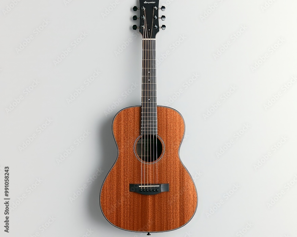 Fototapeta premium Lustrous Wood Grain Acoustic Guitar on Pure White - Musical Elegance and Simplicity