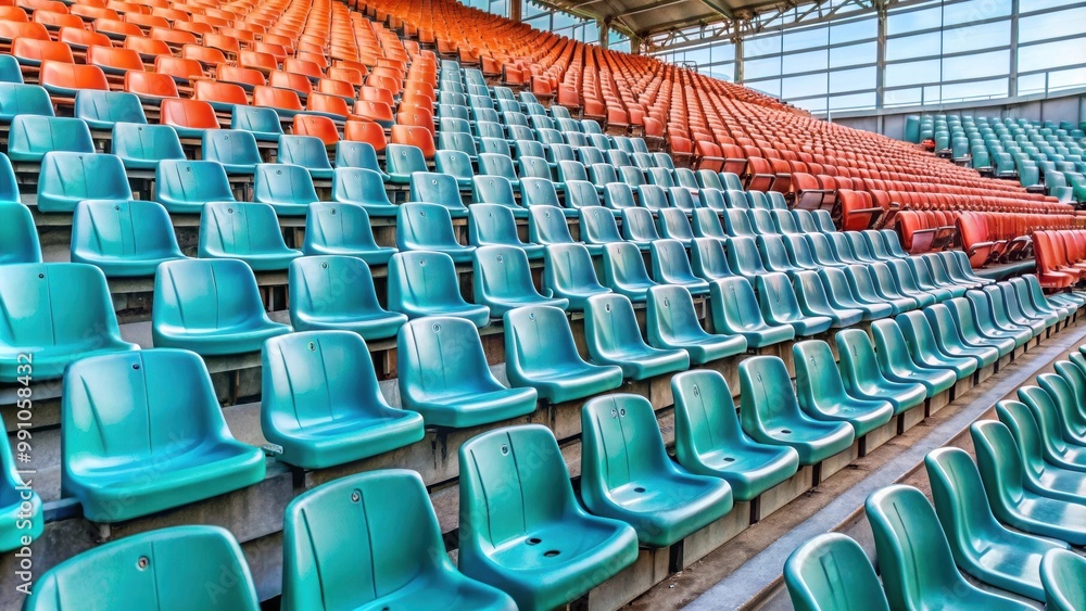 Obraz premium Empty plastic seats in a stadium with no fans , stadium, seats, plastic, empty, absence, sport, game, match