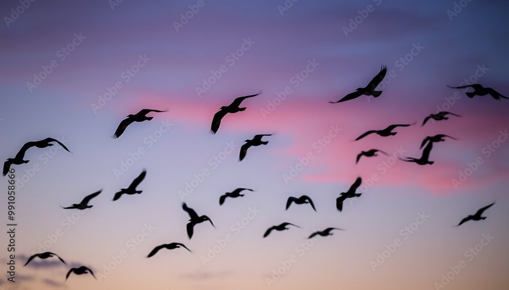 Fototapeta premium A flock of birds soars across the sky at twilight, their dark silhouettes standing out against the deepening shades of blue and purple.