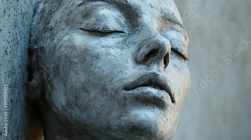 Close Up of a Stone Sculpture of a Face with Eyes Closed