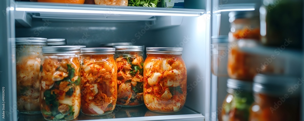 Neatly Organized Kimchi Jars Stored in a Modern Kitchen Fridge Neatly Organized Kimchi Jars Stored in a Modern Kitchen Fridge