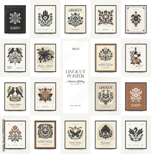 Abstract linocut floral posters template. Modern trendy minimal style. Black and white colors. Magic, mystical. Hand drawn design for wallpaper, wall decor, print, postcard, cover, template, banner.