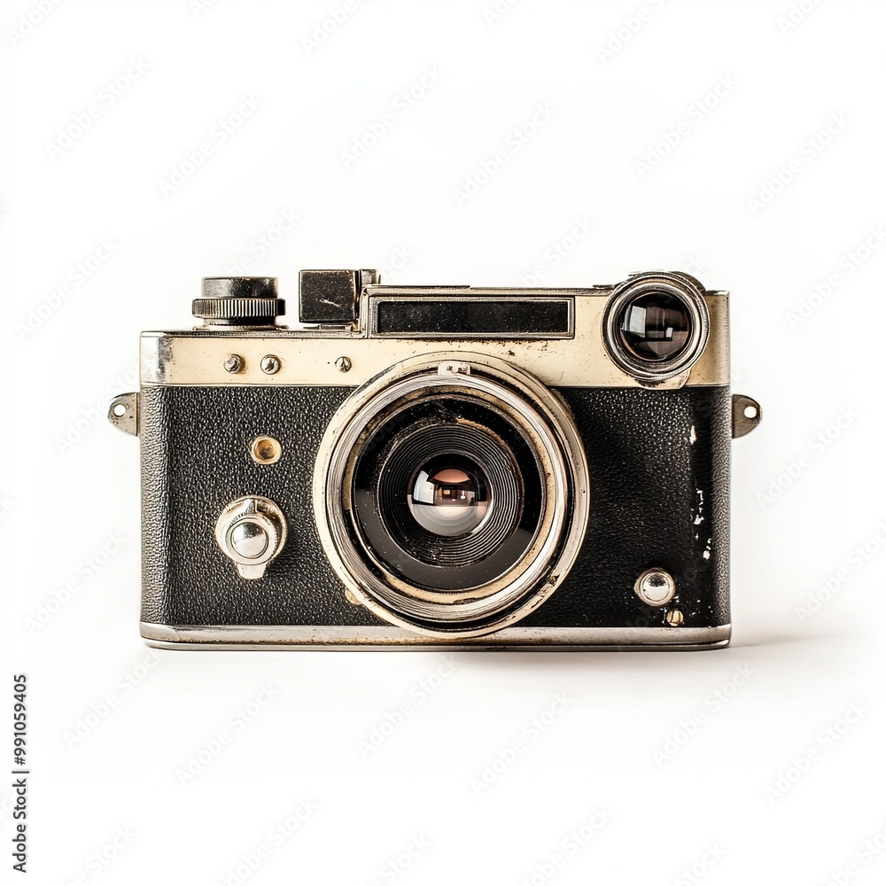 Antique old fashion film camera front view isolated on white background. Antique old fashion film camera front view isolated on white background.