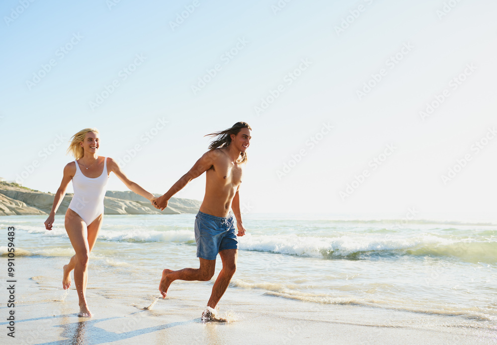 Back, couple and success with freedom on beach for date surprise, travel location and anniversary celebration. People, hug and love for vacation, blue sky and romance achievement of bonding together Back, couple and success with freedom on beach for date surprise, travel location and anniversary celebration. People, hug and love for vacation, blue sky and romance achievement of bonding together