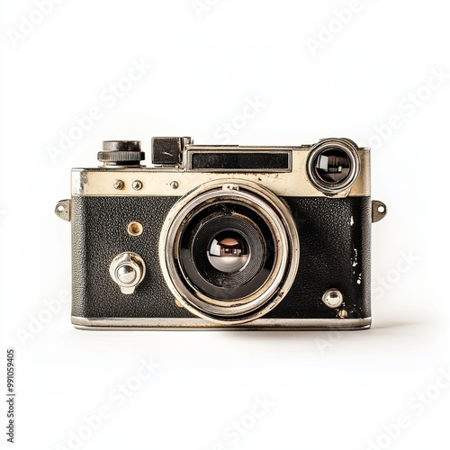 Antique old fashion film camera front view isolated on white background.