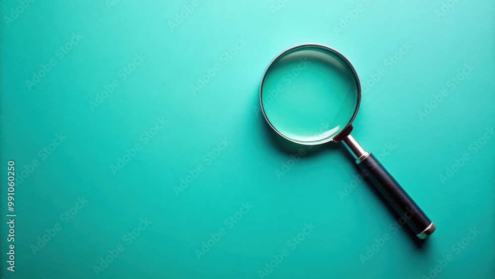 Magnifying glass on turquoise background, search concept, magnify, exploration, zoom, research, find, investigate Magnifying glass on turquoise background, search concept, magnify, exploration, zoom, research, find, investigate