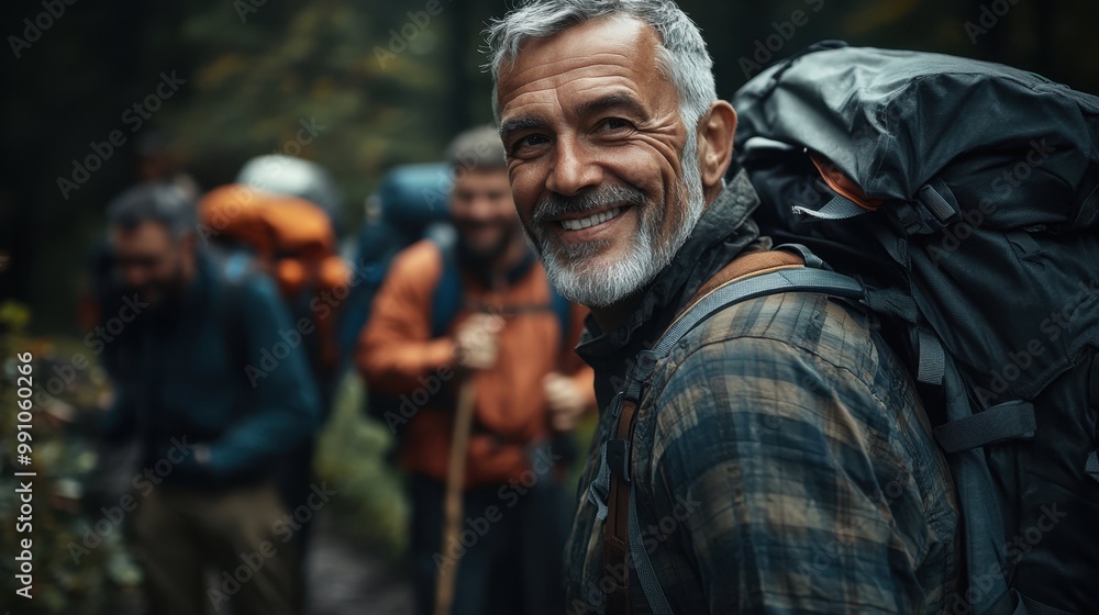 A man who is carrying a backpack is smiling joyfully while hiking in the woods A man who is carrying a backpack is smiling joyfully while hiking in the woods