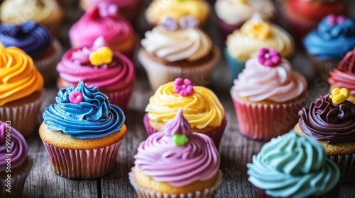 An array of colorful cupcakes with intricate frosting designs displayed on a rustic wooden table, highlighting the creativity and artistry of baking.