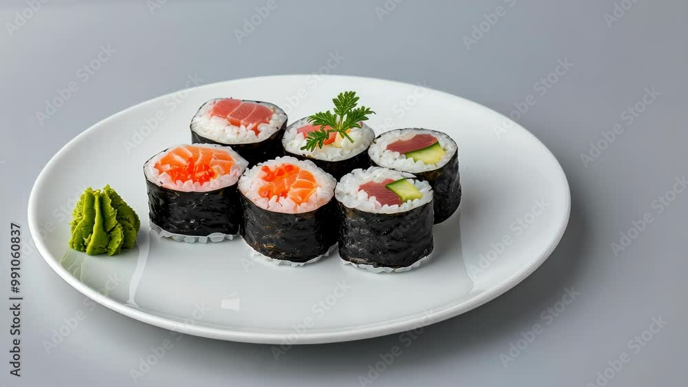 Fresh Sushi Roll Platter with Various Fillings on White Plate with Wasabi Garnish Fresh Sushi Roll Platter with Various Fillings on White Plate with Wasabi Garnish