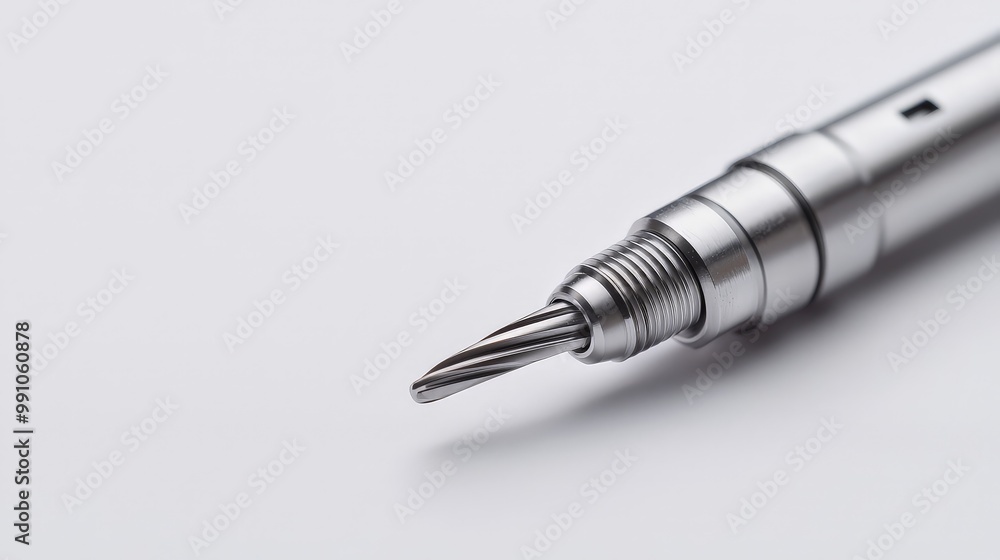 Precision Craftsmanship Detailed Macro View of Metallic Drill Bit on White Surface - Industrial Strength and Functionality Precision Craftsmanship Detailed Macro View of Metallic Drill Bit on White Surface - Industrial Strength and Functionality