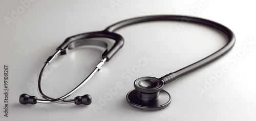 Professional Black Stethoscope Closeup on Off-White Surface, Medical Health Concept