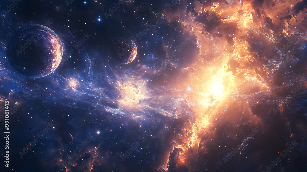 Fototapeta premium A cosmic horizon with celestial bodies and swirling energy fields blending into an endless expanse
