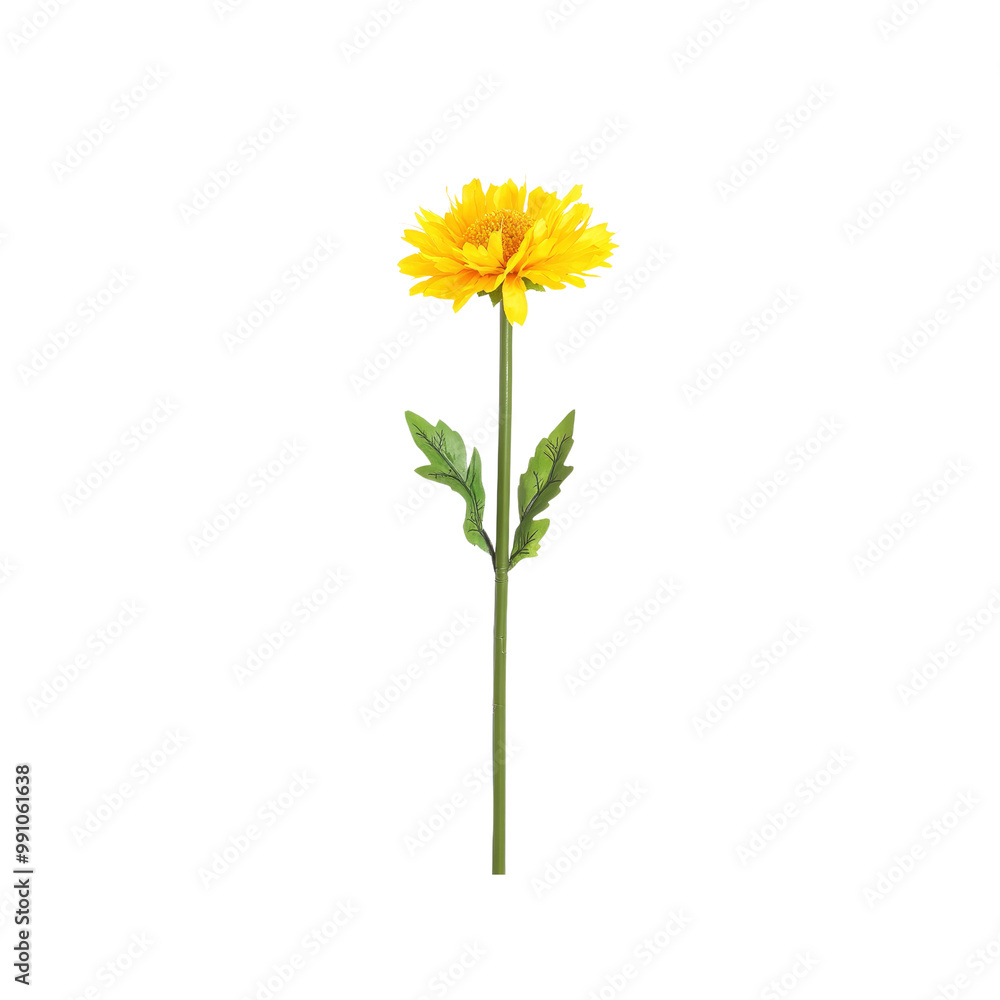 Single Yellow Flower with Green Stem and Leaves on a White Background Single Yellow Flower with Green Stem and Leaves on a White Background